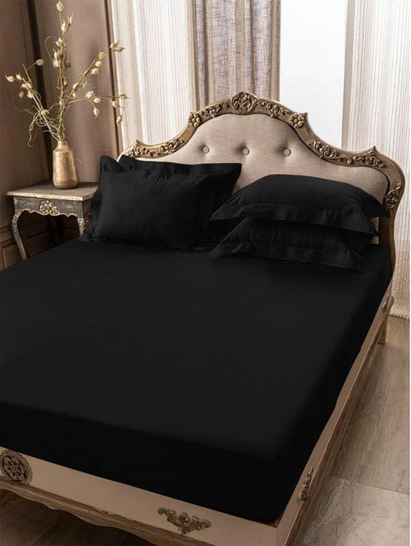 5 PCs Fitted Sheet Black with Pillow cover