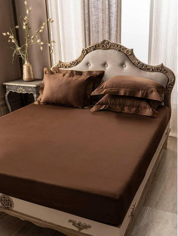5 PCs Fitted Sheet Brown with Pillow cover