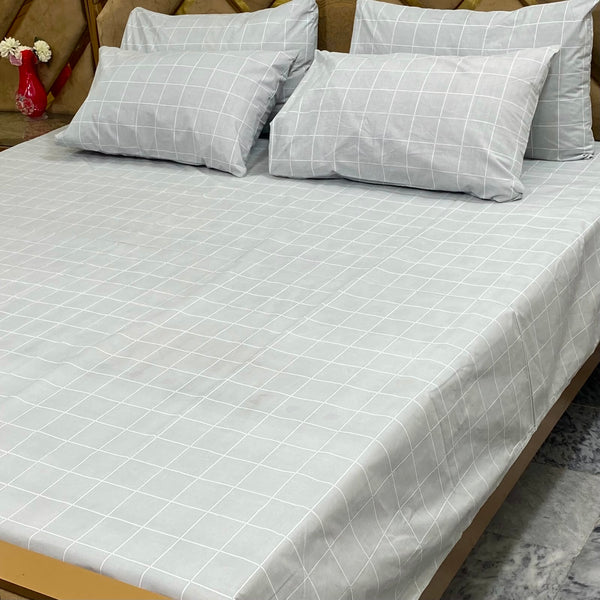 Grey Windowpane Check - 5 Pc Export Quality Pure Cotton Bedsheet Set