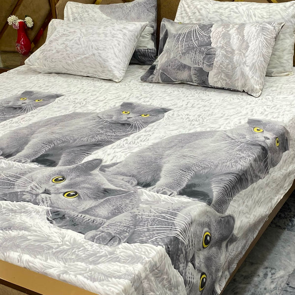 Grey Cat Print - 5 Pc Export Quality Pure Cotton Bedsheet Set