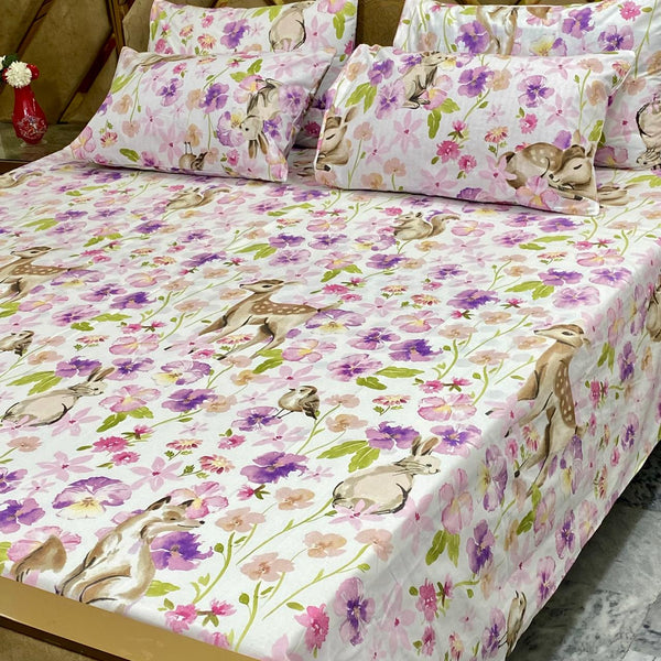 Woodland Fawn Floral - 5 Pc Export Quality Pure Cotton Bedsheet Set