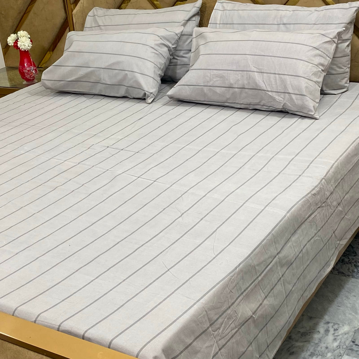 Grey Fine Stripe - 5 Pc Export Quality Pure Cotton Bedsheet Set