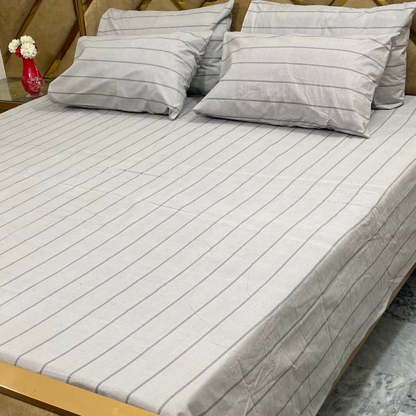 Grey Fine Stripe - 5 Pc Export Quality Pure Cotton Bedsheet Set
