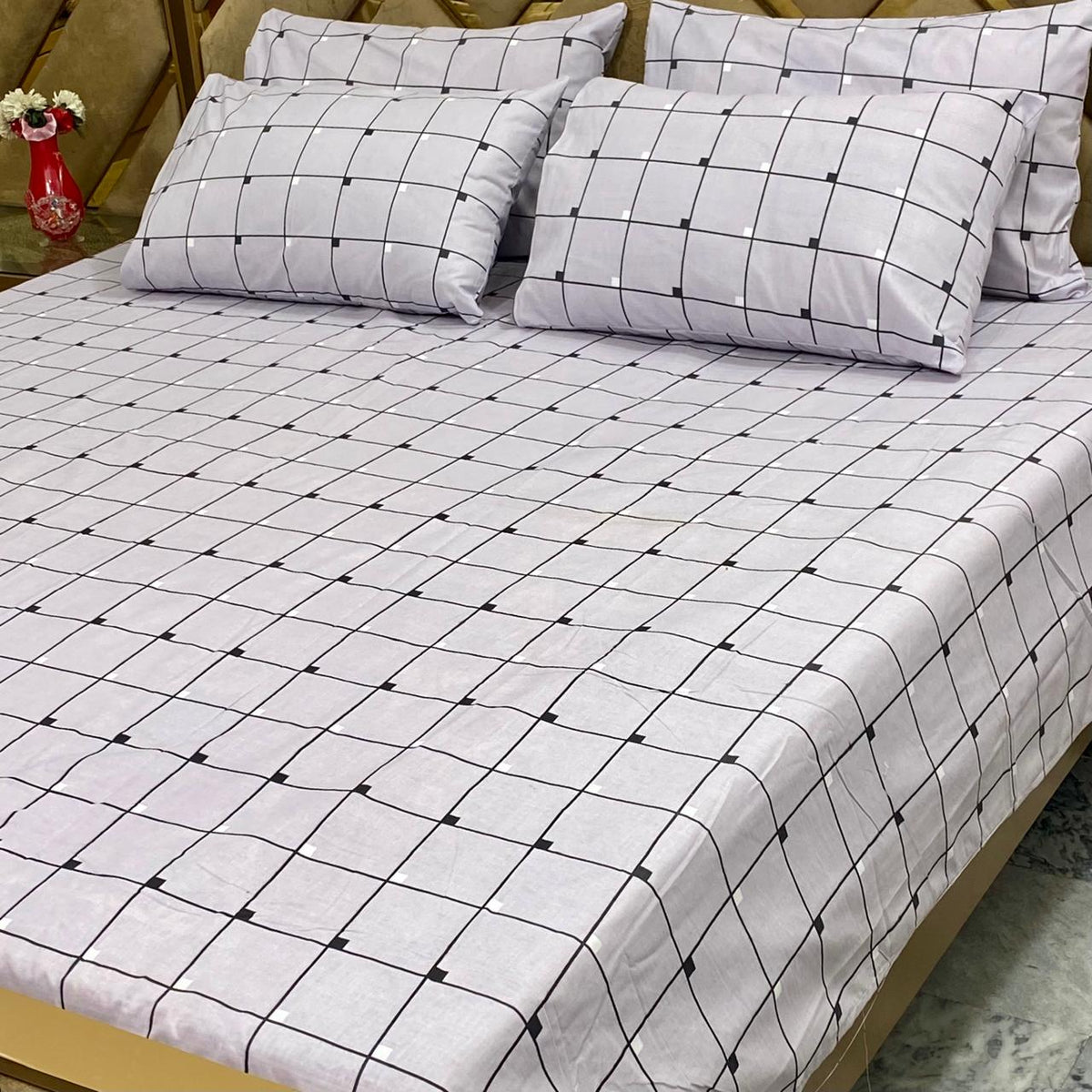 Classic Boxed Check - 5 Pc Export Quality Pure Cotton Bedsheet Set