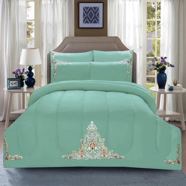 Luxury 6 Pcs Marina Embroidered Comforter Set Sea Green