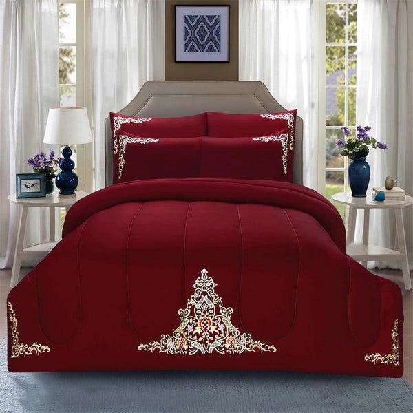 Luxury 6 Pcs Marina Embroidered Comforter Set Maroon