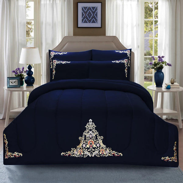 Luxury 6 Pcs Marina Embroidered Comforter Set Navy