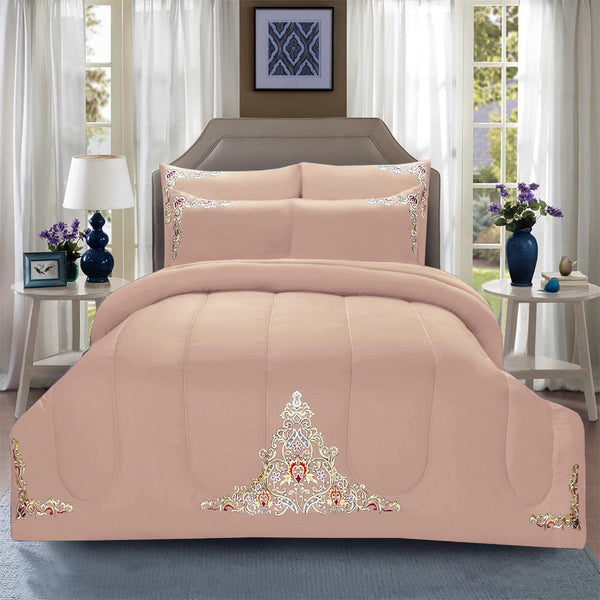 Luxury 6 Pcs Marina Embroidered Comforter Set Beige