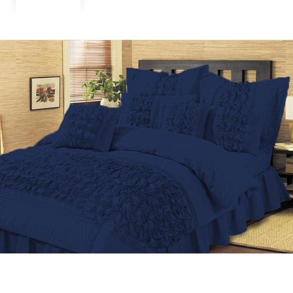 Navy Embellished ruffled Comforter set 8 PC's
