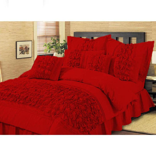 Red Embellished ruffled Comforter set 8 PC's