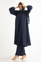 3PC Georgette Slub Abaya And Trouser With Block Printed Scarf