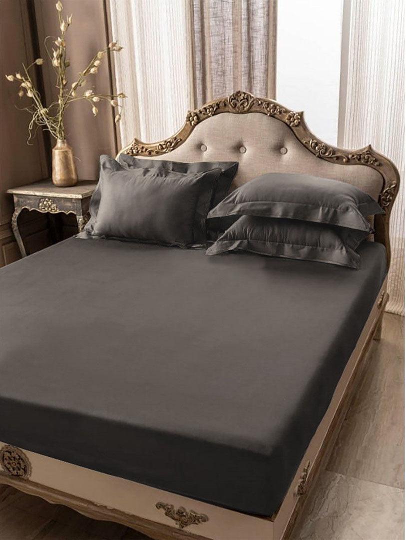 5 PCs Fitted Sheet Charcoal Grey with Pillow cover
