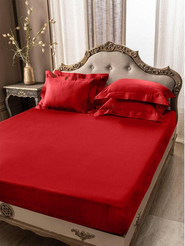 5 PCs Fitted Sheet Red with Pillow cover