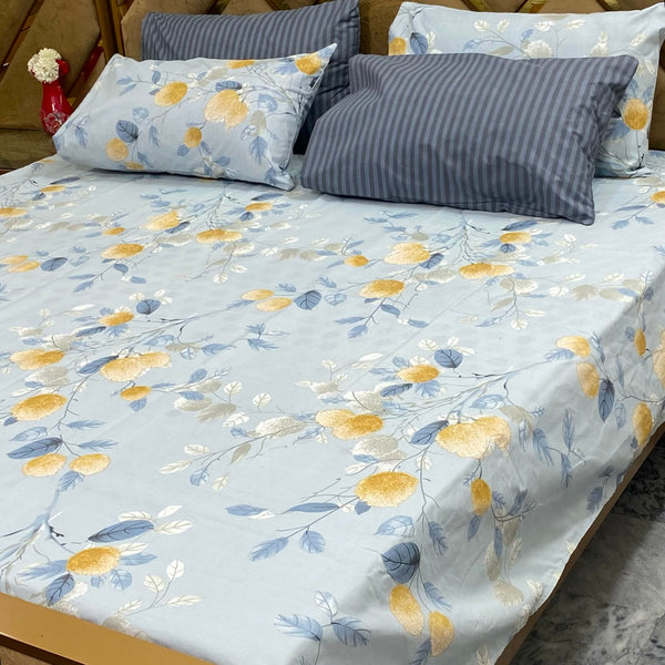 Sky Blue Marigold Floral - 5 Pc Export Quality Pure Cotton Bedsheet Set
