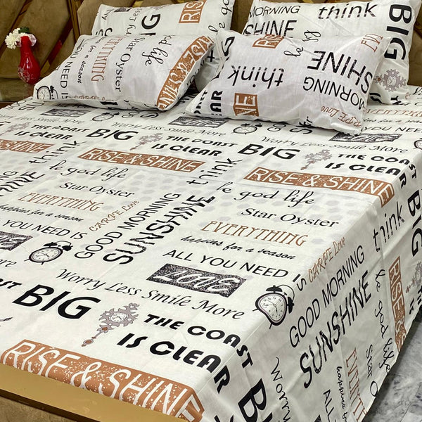 Rise & Shine Typography - 5 Pc Export Quality Pure Cotton Bedsheet Set