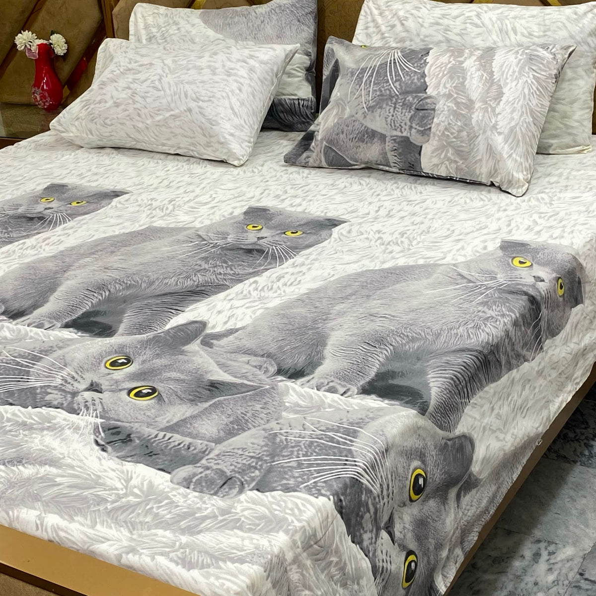 Grey Cat Print - 5 Pc Export Quality Pure Cotton Bedsheet Set