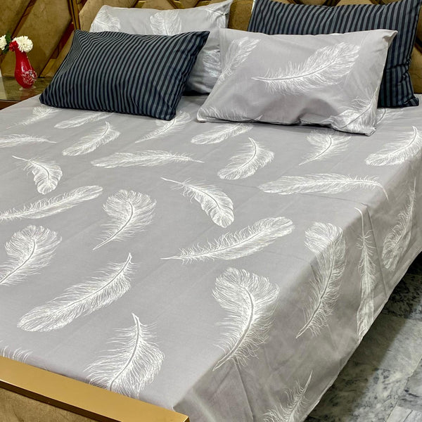 Silver Feather - 5 Pc Export Quality Pure Cotton Bedsheet Set