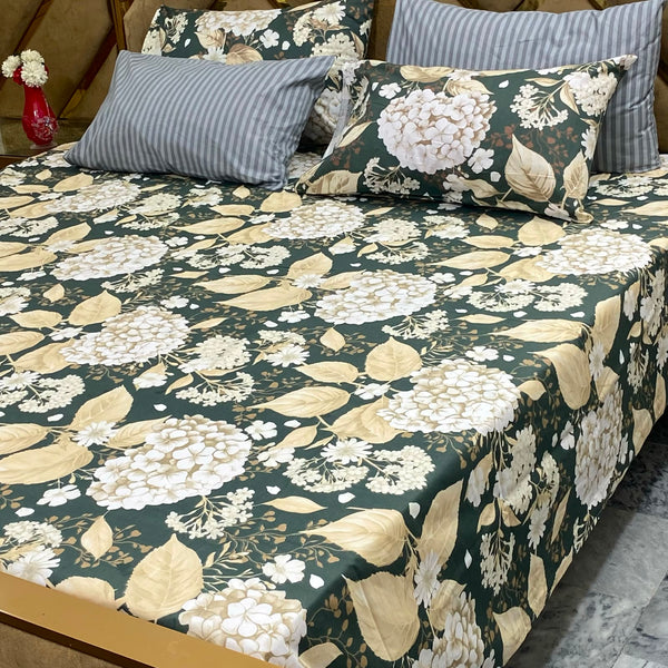 Emerald Hydrangea - 5 Pc Export Quality Pure Cotton Bedsheet Set