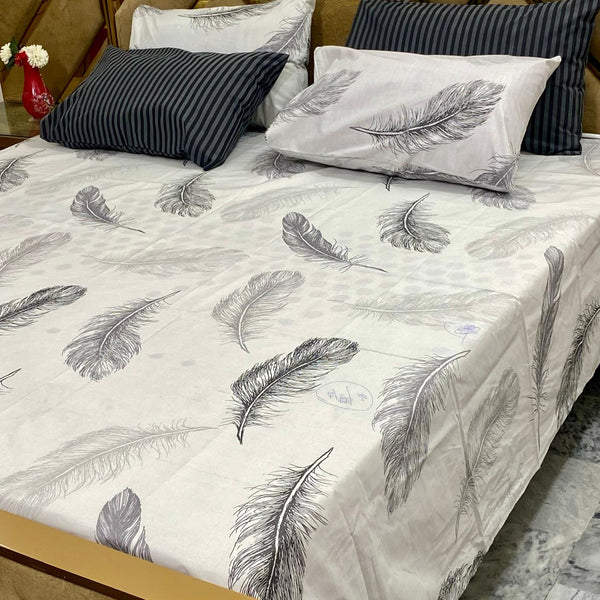 Ivory Feather Sketch - 5 Pc Export Quality Pure Cotton Bedsheet Set