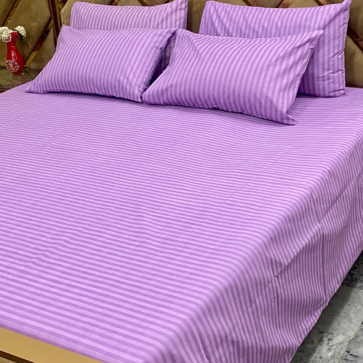 Lilac Satin Stripe - 5 Pc Export Quality Pure Cotton Bedsheet Set