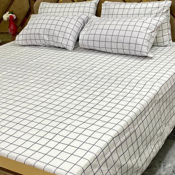 White Grid Check - 5 Pc Export Quality Pure Cotton Bedsheet Set