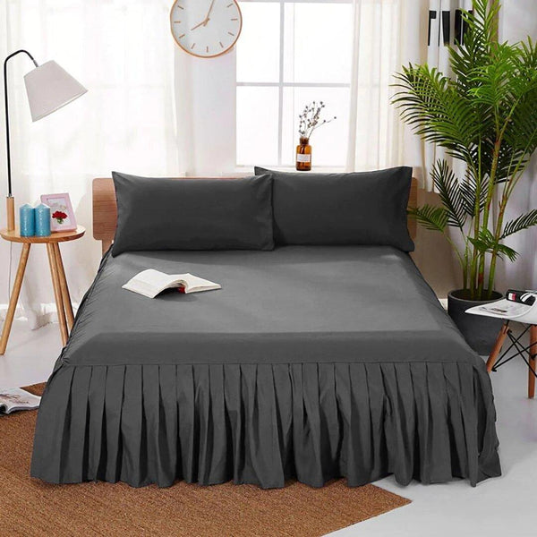 3 PCs Fitted Bed skirt with Pillow cover Dark Grey