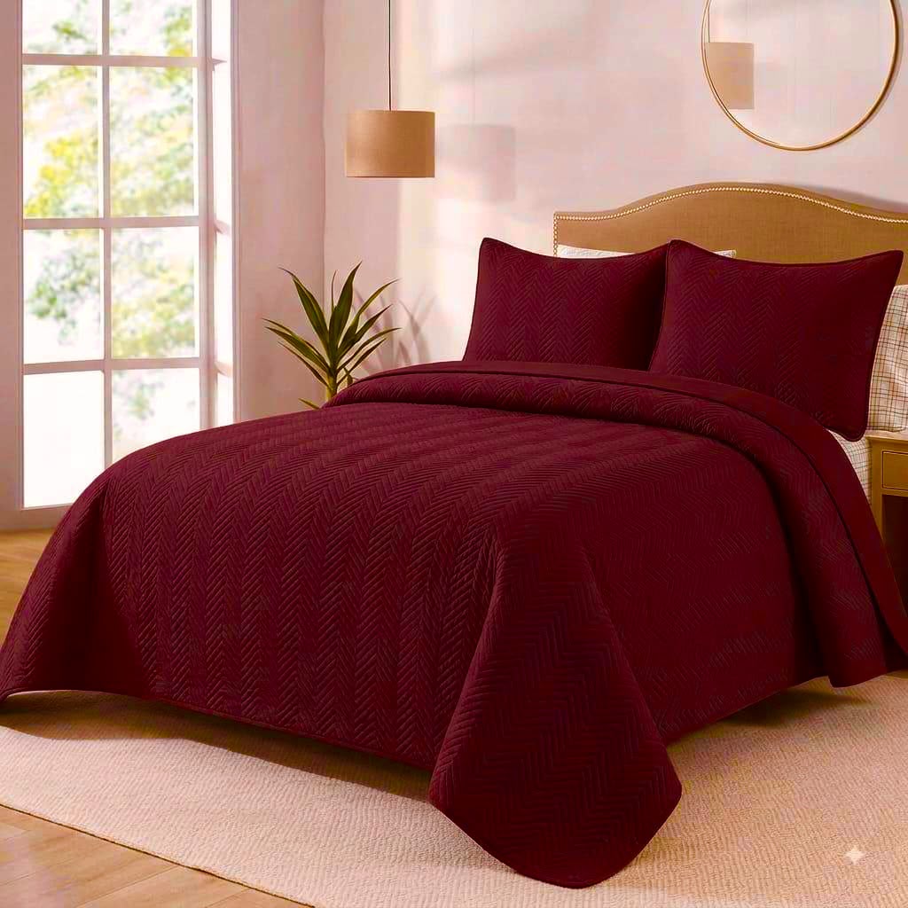 Herringbone Quilt Bedspread Set in Crimson