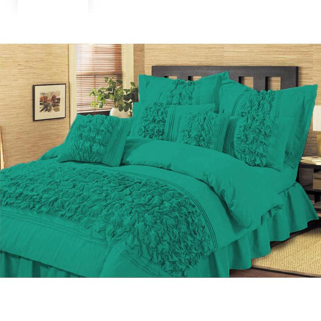 Teal Embellished ruffled Comforter set 8 PC's