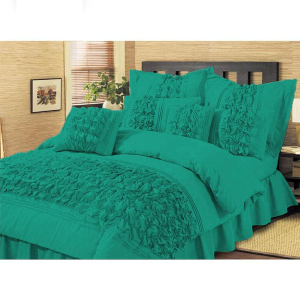 Teal Embellished ruffled Comforter set 8 PC's